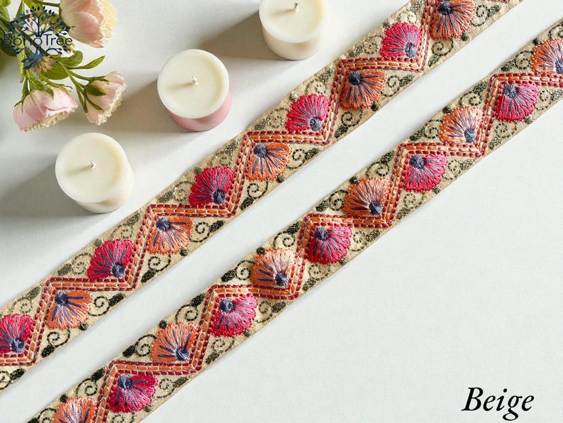 Embroidered Silk Sari Ribbon Trim - Bohemian Fabric Border for Diy crafts , wedding dress, boho skirts, fusion jackets Beige