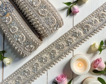 Silver Organza Fabric Trim studded With Beads & Real Mirrors | Embroidered Sari Border for Boho dress