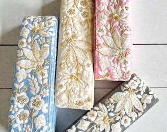 Embroidered Floral Silk Sari Border, Indian Fabric Trim, 1 Yard