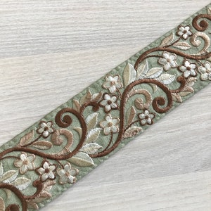 Silk Fabric Trim-Multi Colour Embroidered Sari Border-Silk Sari Fabric-Dupattas,Quilt Silk Ribbon-Indian Fabric-Table Runner-Lehengas Olive