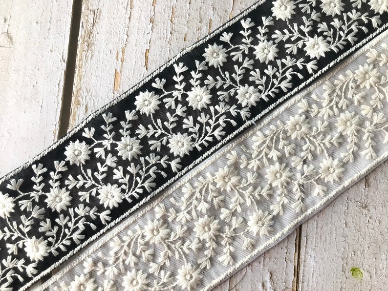 Embroidered Net Fabric Lace-Floral Fabric Trim, Wedding Dress, Sari Border, Saree Fabric, Art Quilt, Indian Trim By The Yard, Table Runner zdjęcie 4