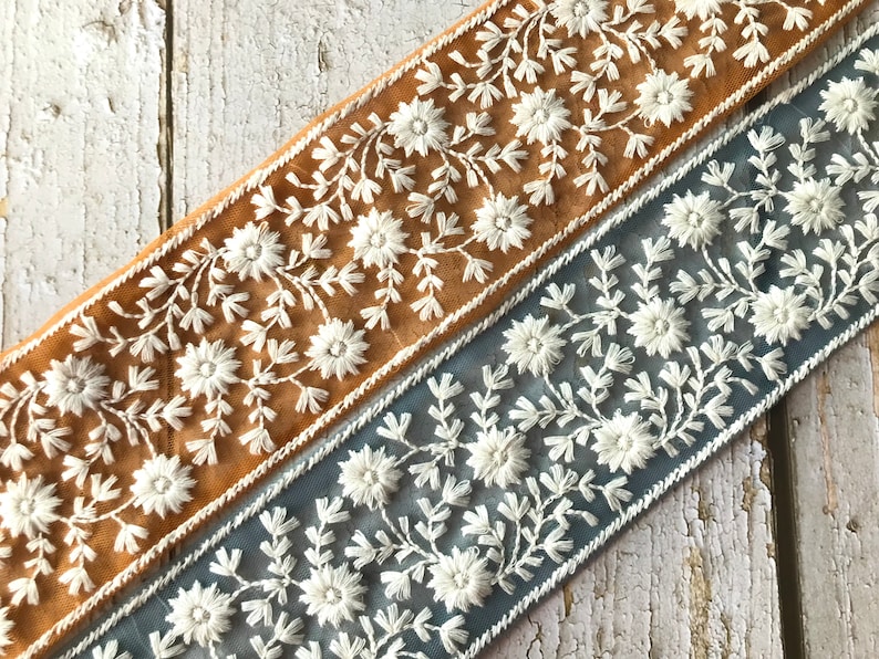 Embroidered Net Fabric Lace-Floral Fabric Trim, Wedding Dress, Sari Border, Saree Fabric, Art Quilt, Indian Trim By The Yard, Table Runner zdjęcie 8