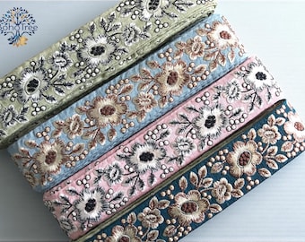 Embroidered Floral Sari Fabric Trim, Indian Lace, Boho Sewing Embellishment