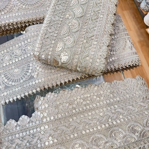 Light Gold-Organza Zari Embroidered Fabric Trim -6" Extra Wide Lace-Gold Embellishments for  DIY Lehnga, suits, Kurta, wedding dress 20679