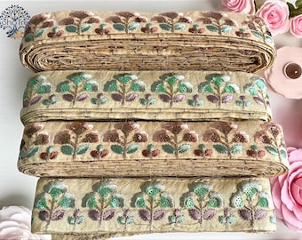 Embroidered Floral Saree Ribbon Trim, Sari Border, Indian Fabric for Boho Dress, Art Quilts