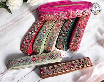 Embroidered Indian Sari Trim, Sequin Fabric Ribbon By The Yard