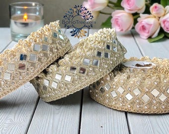 Spiegelwerk geborduurde kanten rand met spiegels van echt glas voor knutselen, jurken, trouwkleding, saree-blouse lehenga