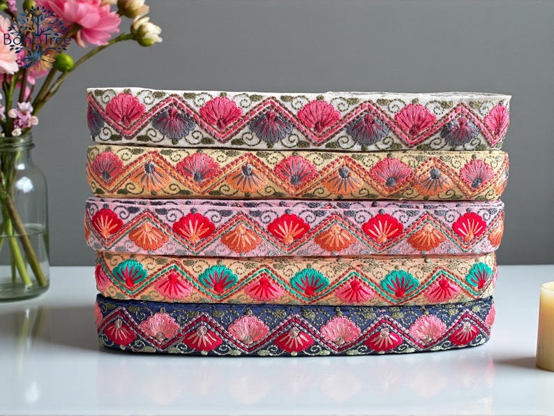 Embroidered Silk Sari Ribbon Trim - Bohemian Fabric Border for Diy crafts , wedding dress, boho skirts, fusion jackets image 14