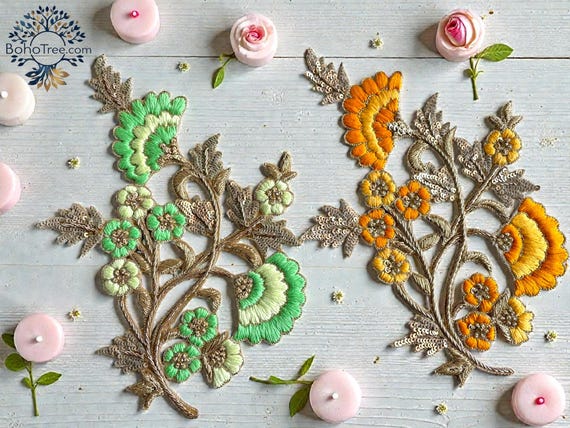 golden patch for dress Hand Embroidered Flower Patch-golden Custom Patches-embellishment Sari-dupatta-wedding Dress-boho Skirt-lahnga 1002 personalized gift