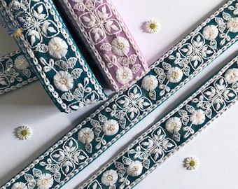 Embroidered Floral Net Fabric Trim, Sari Border, Art Quilts By The Yard