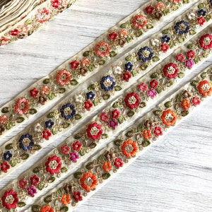 Charming Beige Organza Fabric Trim: Embroidered with Multicolored Thread Sari Border, Sequinned Indian Designs for Art Quilts and More.