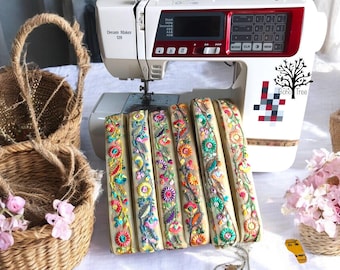 Sari Fabric Trim-Multi Colour Embroidered Saree Border for Dupattas, Art Quilt Ribbon, boho junk journals, Indian Fabric-Table Runner