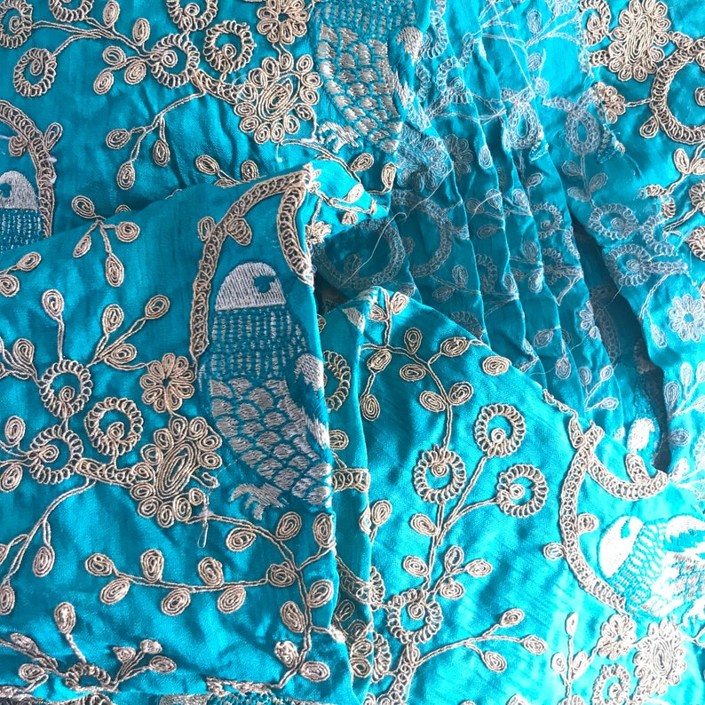 Half Yard-Green Sequins Embroidered Raw Silk Fabric-Green Silk Sari Fabric-Table Runner-Art Quilts-Embroidered Bags-Crazy Quilt-Dupin Silk