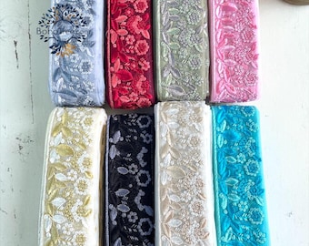 Floral Embroidered Lace Trim for Saree Blouse Lehenga | 2.5 Inch-Indian Sewing Border for DIY Dress,Craft,Boho Skirt,Fusion Jacket