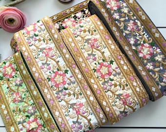 Multi-colored Bohemian Fabric Trim-Art Quilt Table Runner-Embroidered Silk Sari Ribbon Border-Silk Sari Fabric-India Fabric Trim By The Yard