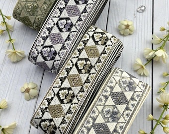 Embroidered Floral Sari Border, 2.5 Inch Indian Net Fabric Lace Trim for DIY Embellishments, Sewing Ribbon By The Yard & Trimming 14940