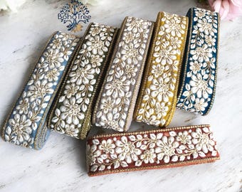 Net Fabric Trim-White Embroidered Net Fabric Lace-Silk Sari Fabric-Dupattas-Quilt Silk Ribbon-Indian Fabric-Table Runner-Lehengas