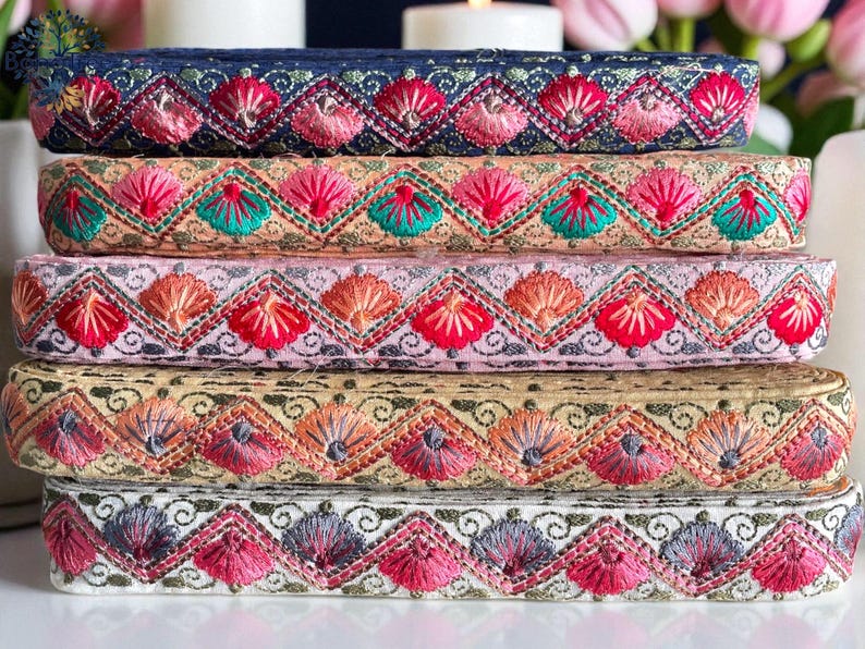 Embroidered Silk Sari Ribbon Trim - Bohemian Fabric Border for Diy crafts , wedding dress, boho skirts, fusion jackets image 6