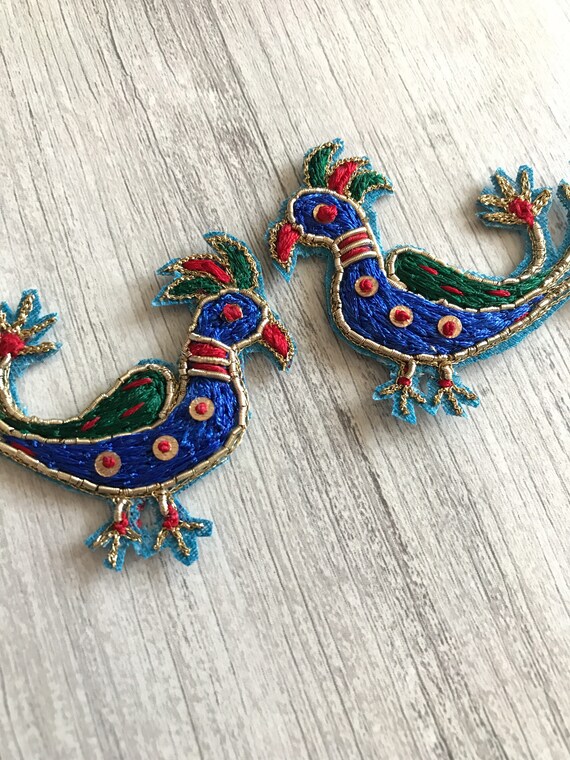1 piece Peacock Design Hand Embroidered Fabric Applique-Sew-on Beaded Sequins Appliques-Beautify scrap book sewing project-Crazy Quilting