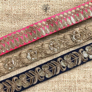 Sequins Embroidered Trim-Silk Sari Border Lace-Table Runner Silk Trim-Pink Silk Fabric Trim-Art Quilt Ribbon Trim By The Yard image 1