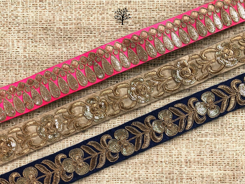 Sequins Embroidered Trim-Silk Sari Border Lace-Table Runner Silk Trim-Pink Silk Fabric Trim-Art Quilt Ribbon Trim By The Yard image 1