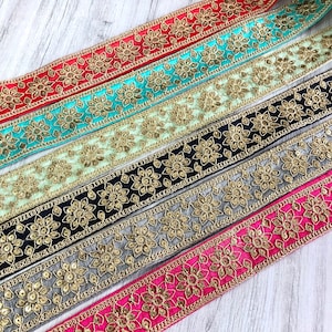 Silk Sari Fabric Trim-Multi Colour Embroidered Sari Border-Silk Sari Fabric-Dupatta,Quilt Silk Ribbon-Indian Fabric-Table Runner-Lehenga