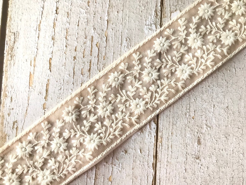 Embroidered Net Fabric Lace-Floral Fabric Trim, Wedding Dress, Sari Border, Saree Fabric, Art Quilt, Indian Trim By The Yard, Table Runner image 6