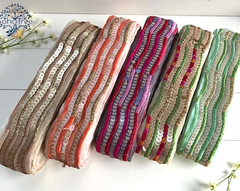 Organza Fabric Trim, Embroidered Sari Border-Silk Sari Fabric-Dupattas,Quilt Silk Ribbon-Indian Fabric-Table Runner-Lehengas