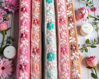 Floral Embroidered Net Fabric Trim, Sari Border, Indian Textiles