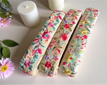1.5 Inch Embroidered Fabric Lace-Trim-Embroidered Saree Border Trim for Art Quilt-Table Runner-Wedding Dress-Lehenga