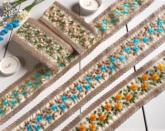 Embroidered Sari Border: Beige Organza Floral Trim, 3.5 Inch