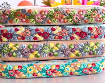 Embroidered Floral Saree Border, Indian Lace Trim, Fabric Ribbon By The Yard