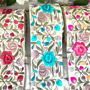 Bordure en tissu bohème multicolore - Courtepointe artistique - Bordure en ruban de sari en soie brodée - Tissu sari en soie - Garniture en tissu indien par mètre