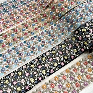 Floral Net Fabric Trim-Multi Colour Embroidered Sari Border-fabric Lace-Trim-By The Yard