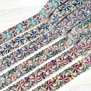 Floral Net Fabric Trim-Multi Colour Embroidered Sari Border-Silk Sari Fabric-Dupattas,Quilt Silk Ribbon-Indian Fabric-Table Runner-Lehengas