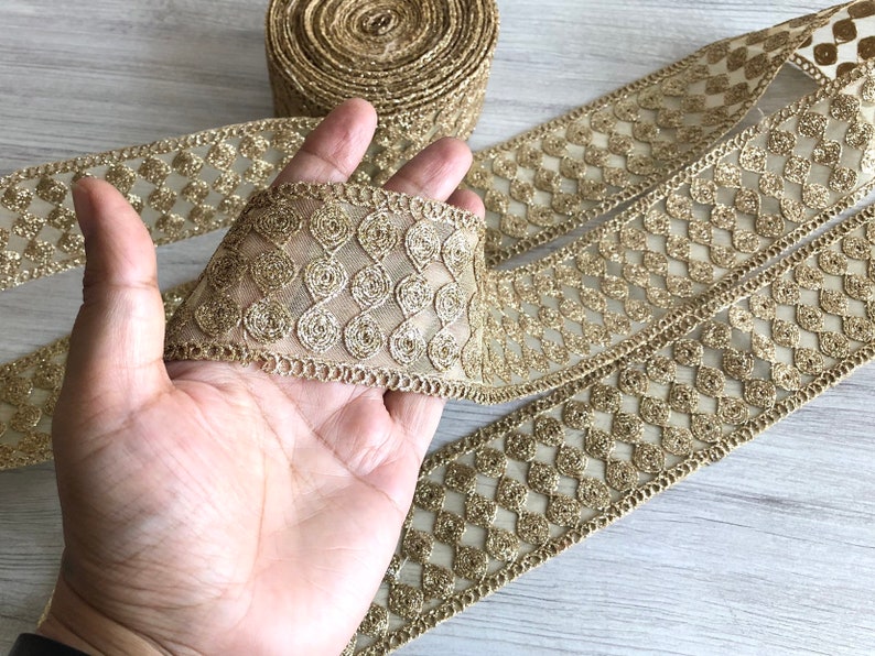 FabStitchIN Golden Embroidered Floral Trim Indian Sari Fabric Trim Saree Border Lehenga Sari Border Boho Skirt Art Quilt Fabric
