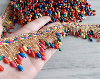 1 Yard Pearls BEADS Tasseled Fabric Trim-Hanging Beads Trim on Fabric Trim, Charms Decor, Saree Border-Sari Fabric Trim, Wedding Lehengas