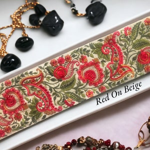 Saree Border Indian Lace Trim By The Yard, embroidered Ribbon Sari Fabric Trim-Table Runner-Art Quilt fabric trim Sari Border Silk Fabric Red On Beige