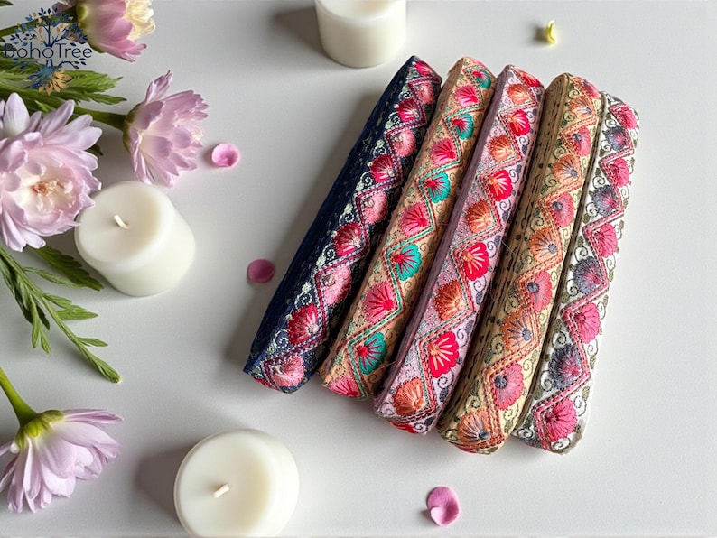 Embroidered Silk Sari Ribbon Trim - Bohemian Fabric Border for Diy crafts , wedding dress, boho skirts, fusion jackets image 5