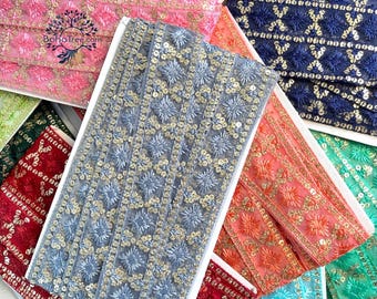 Embroidered Lace Trim by Yard, Indian Geometric Border, Bridal Dupatta Saree Lace, Sewing Trim, Festive Dress Ribbon, DIY Craft