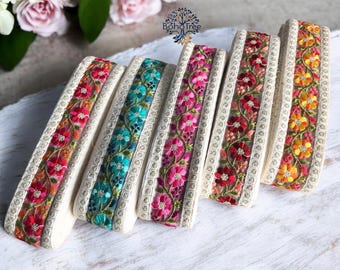 Embroidered Floral Sari Border, Indian Trim, Silk Ribbon, Art Quilts Fabric