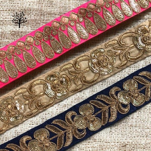 Sequins Embroidered Trim-Silk Sari Border Lace-Table Runner Silk Trim-Pink Silk Fabric Trim-Art Quilt Ribbon Trim By The Yard image 6