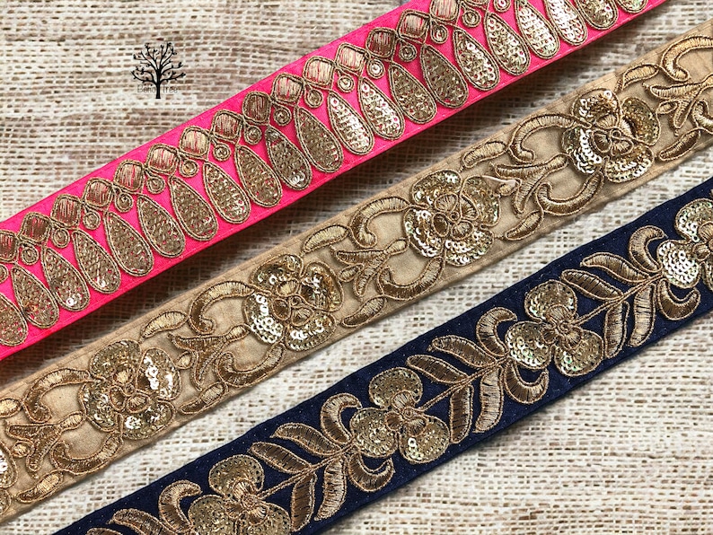 Sequins Embroidered Trim-Silk Sari Border Lace-Table Runner Silk Trim-Pink Silk Fabric Trim-Art Quilt Ribbon Trim By The Yard image 6