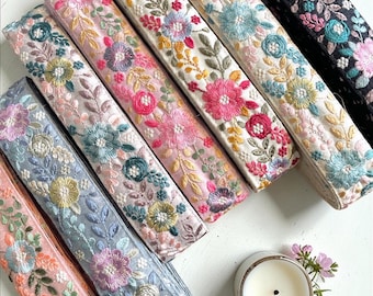 1,5-calowa, kwiatowa, indyjska lamówka do sari, cięta na wymiar | Wielokolorowa, haftowana bordiura z kwiatami do samodzielnego wykonania, kurtek boho, sari i dekoracji ślubnych