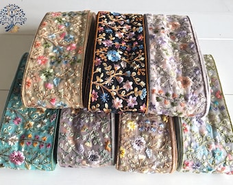 Floral Embroidered Silk Fabric Trim Lace, Indian Sari Border, Art Quilts