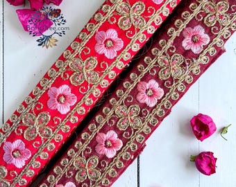 DIY Floral Embroidered Indian Trim, 1.5 Inch Silk Sari Border by the Yard, Colorful Craft Ribbon for Junk Journals, Boho Purses