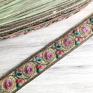 Floral Net Fabric Trim-Multi Colour Embroidered Sari Border-Silk Sari Fabric-Dupattas,Quilt Silk Ribbon-Indian Fabric-Table Runner-Lehengas Pista Green