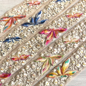 Tela de red Floral Trim-Multi Color bordado Sari Border-Seda Sari Tela-Dupattas,Cinta de seda de edredón-Tela india-Corredor de mesa-Lehengas