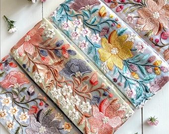 Embroidered Net Lace Trim |3 Inch Indian Floral Mesh Border for Saree, Lehenga, Dupatta, Bridal Sewing & DIY Craft