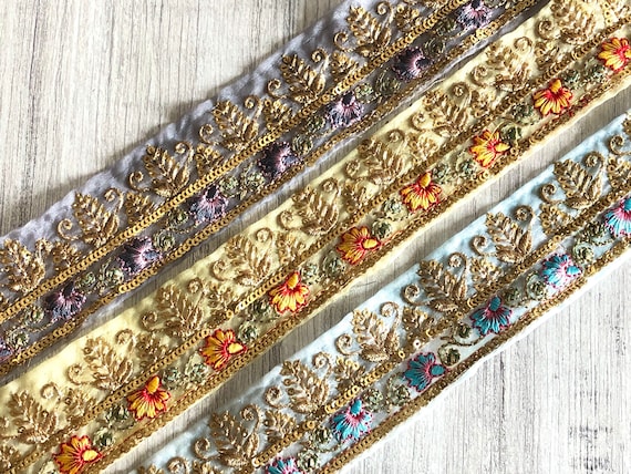 Embroidered Indian Trim by the Yard Indian Fabric Trim Sari Border Craft  Ribbon Sari Fabric Trimming Sewing Tape, Costume Trim Silk Ribbons 